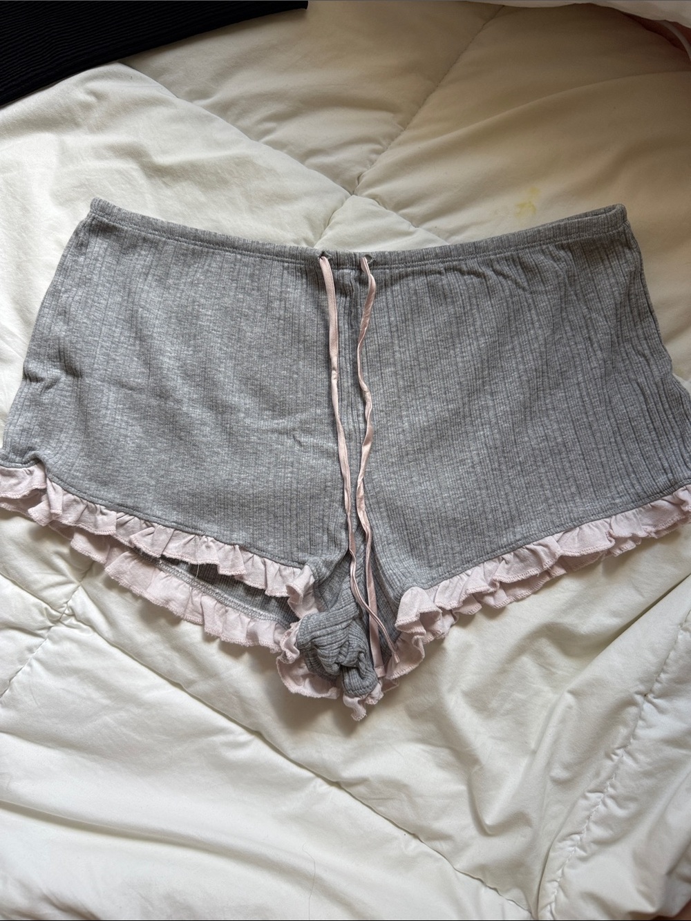 Victoria's Secret Gray Ribbed Sleep Shorts with Pink Ruffle Trim